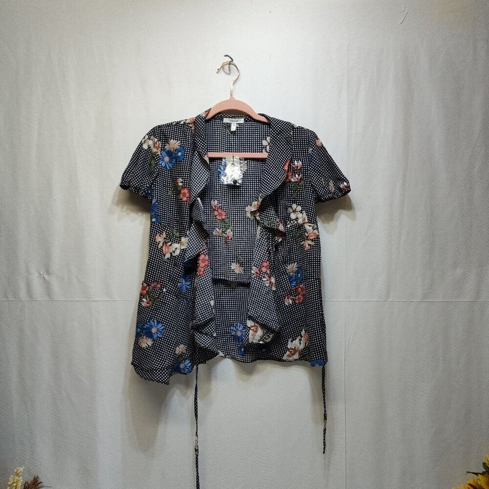 Maurices Floral Wrap Tie Top Ruffles Black White Checkered Women's Small NWT
